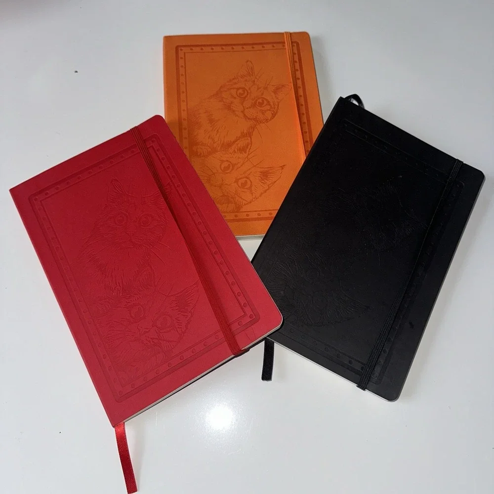 Leed's Journal Bundle Of 3 Black Red Orange W Cat Print On Cover